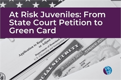 [ai] A composition featuring a U.S. flag and legal documents related to immigration, including an application and a Social Security card, with the text 'At Risk Juveniles: From State Court Petition to Green Card' prominently displayed.